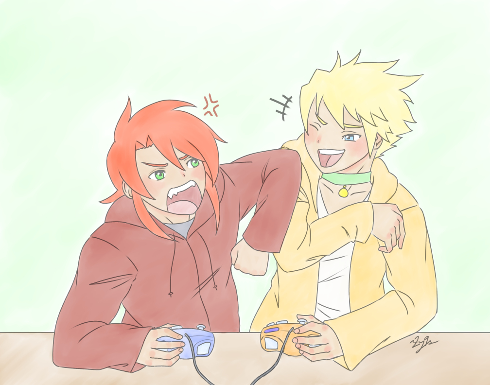 digital drawing of luke and guy from tales of the abyss playing video games together. they're holding gamecube controllers and luke is angrily elbowing guy in the shoulder as guy laughs at him.