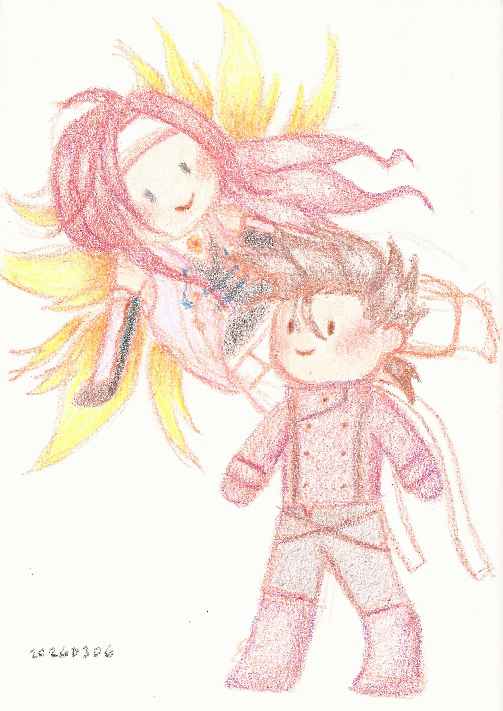 crayon drawing on paper of zelos giving lloyd a peck on the cheek
