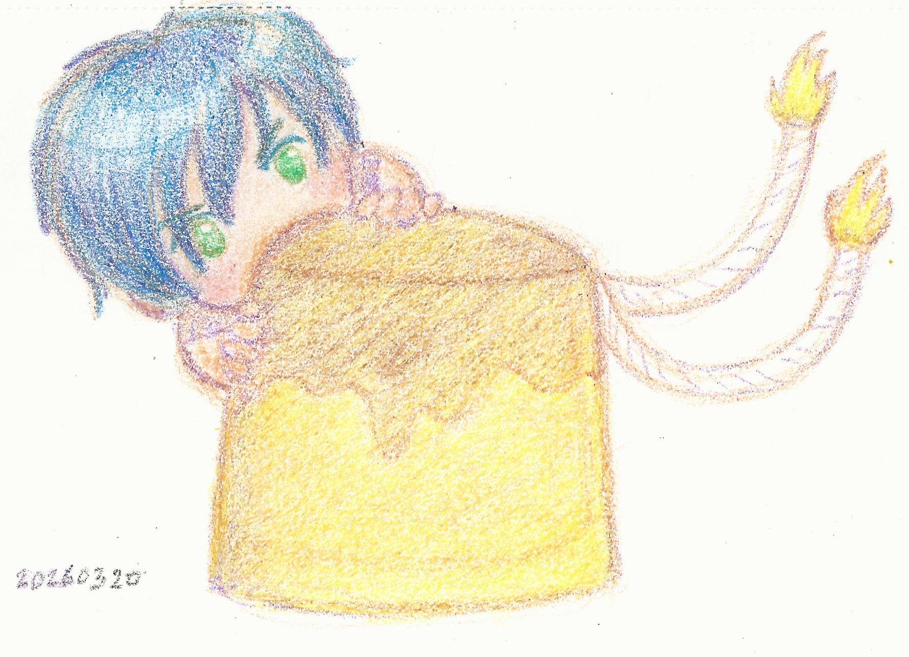 crayon drawing of fayt biting a giant flan with two twin tails coming out of it