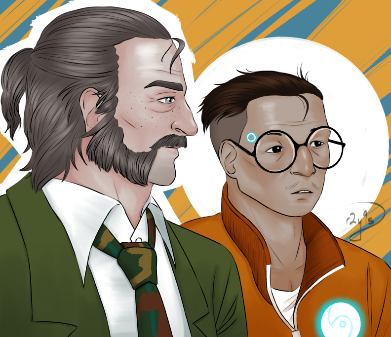 portrait of Harry Du Bois and Kim Kitsuragi from Disco Elysium. Harry is in profile looking to the left while Kim follows his gaze but is in 3/4ths view. Kim has a small glowing ring of blue light on the right side of his brow, just next to his eyebrow.