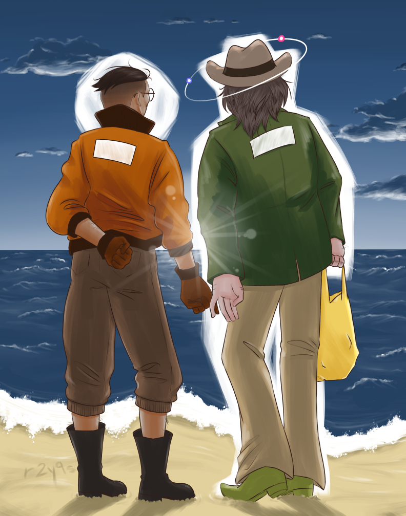 digital painting of Kim Kitsuragi and Harry du Bois from the video game Disco Elysium standing next to eachother on the shore watching the sun as it peeks over the horizon. Their pinkies are hooked together and their backs are towards the viewer.