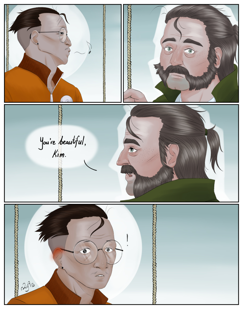 page 1 of a comic where Harry Du Bois and Kim Kitsuragi from Disco Elysium are sitting on a swingset. Panel 1: Kim is in profile, whistling a tune while looking out over the ocean. Panel 2: Harry watches, his eyes wide. Panel 3: 'You're beautiful, Kim.' Harry says. Panel 4: Kim looks at Harry, surprised, the tips of his ears are blushing red.