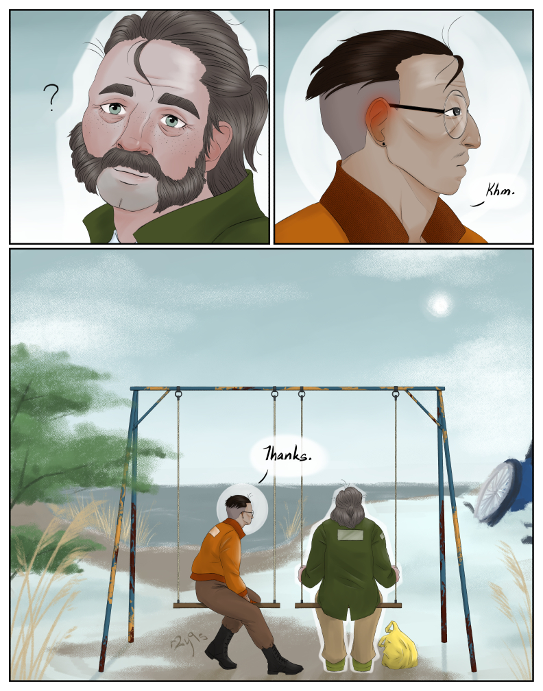 page 2 of a comic where Harry Du Bois and Kim Kitsuragi from Disco Elysium are sitting on a swingset. Panel 5: Harry looks at Kim with a slight smile on his face. Panel 6: Kim looks away from Harry, embarassed. Panel 7: the camera zooms out behind Kim and Harry sitting on the swings, showing the surrounding snow and foliage around them and the ocean in the background. The totaled motor carriage is in the mid ground just off the right edge of the panel.