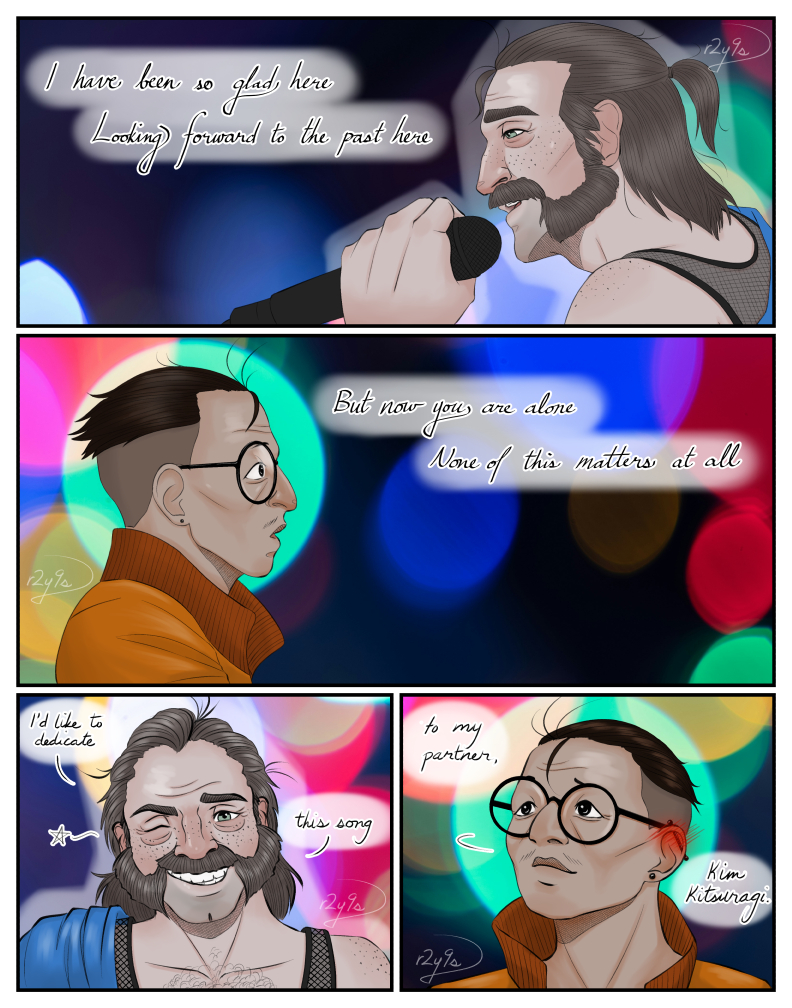 page 1 of a comic where Harry Du Bois and Kim Kitsuragi from Disco Elysium are at the Whirling in Rags and Harry is singing karaoke. Harry sings the last few lines of 'The Smallest Church in Saint Saens' while Kim watches in amazement. After finishing the song, Harry winks at Kim and says 'I dedicate this song to my partner, Kim Kitsuragi.' Kim looks away with an embarassed smile, his ears blushing red.