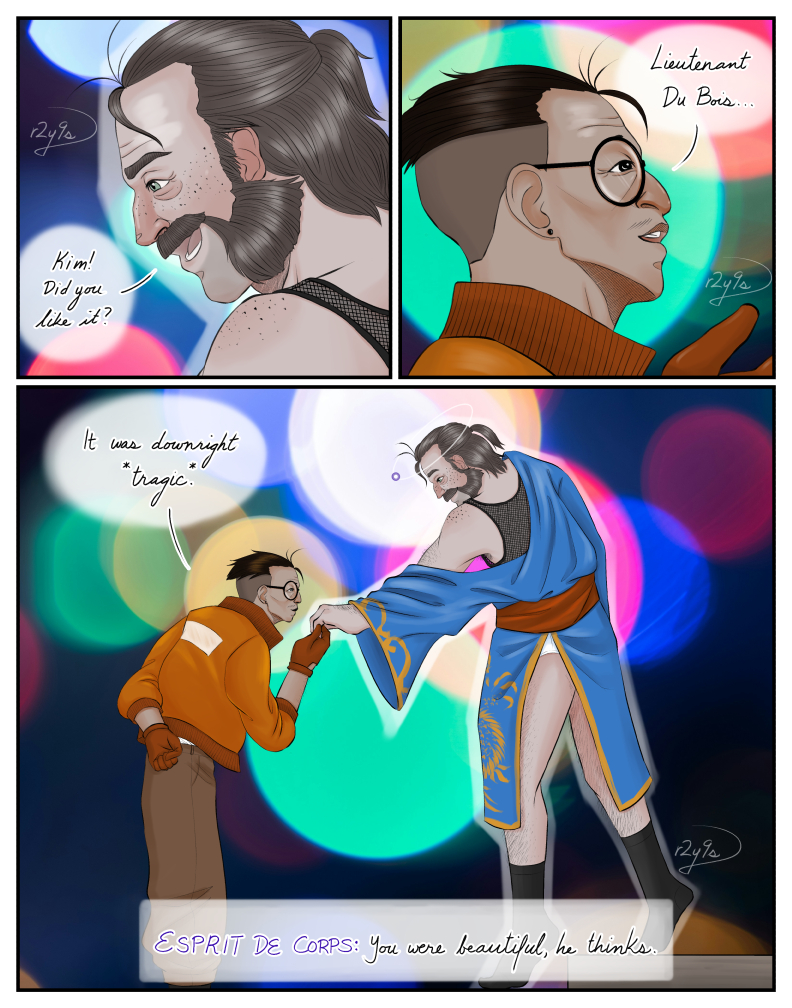 page 2 of a comic where Harry Du Bois and Kim Kitsuragi from Disco Elysium are at the Whirling in Rags and Harry is singing karaoke. Harry smiles at Kim as he's stepping down from the stage, his hand reaching towards Kim. Harry says 'Kim! Did you like it?' Kim reaches his hand out to help Harry off the stage, smiling back. He replies, 'Lieutenant Du Bois... It was downright tragic.' Kim bends over Harry's hand slightly as if he's going to kiss it. Esprit de Corps makes a comment: 'You were beautiful, he thinks.'